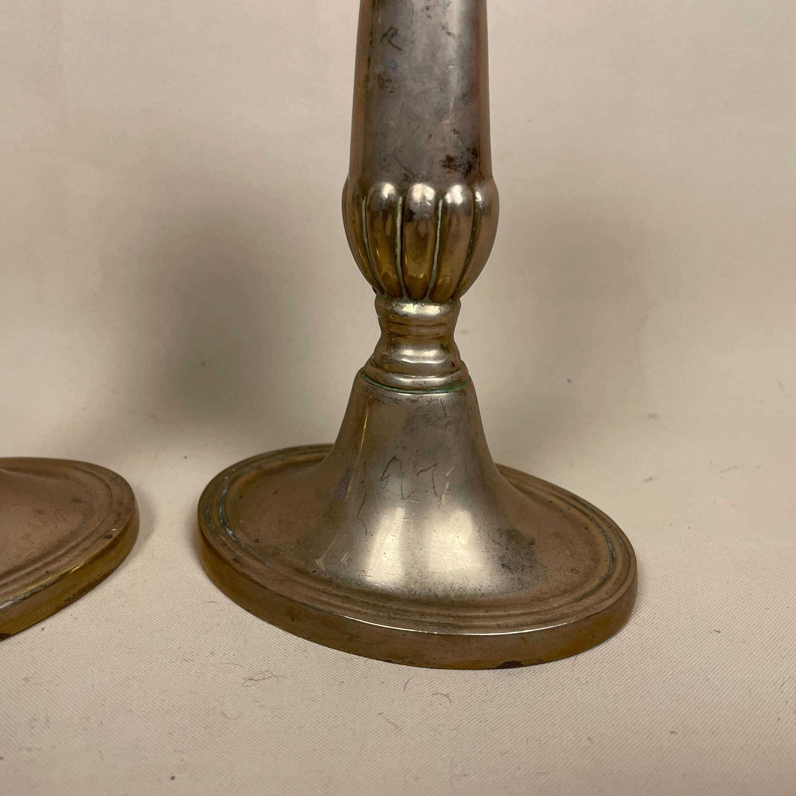 Antique Matching Pair Of Gold Solid Brass Metal Candlestick Candle Stick Vintage Column Taper Dinner Candlesticks Oval Base Set Aged Patina photo 55.0