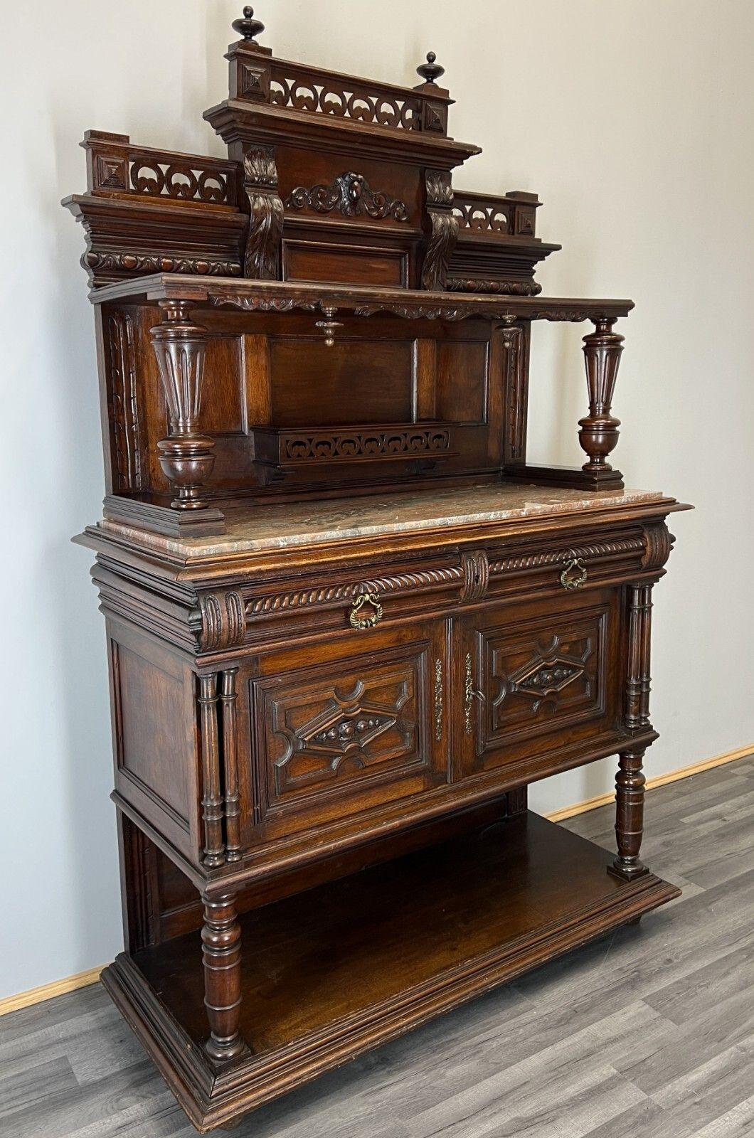 photo for sale Sideboard Antique French Walnut Marble Cabinet Cupboard Display Lot 3576