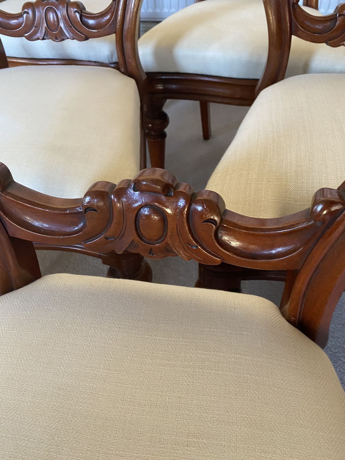 Balloon Back Chairs Set Of 6. Recovered Bases In Cream Fabric