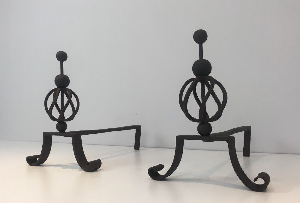 In The Style Of Jean Royère. Pair Of Wrought Iron Andirons. French. Circa 1940 photo for sale