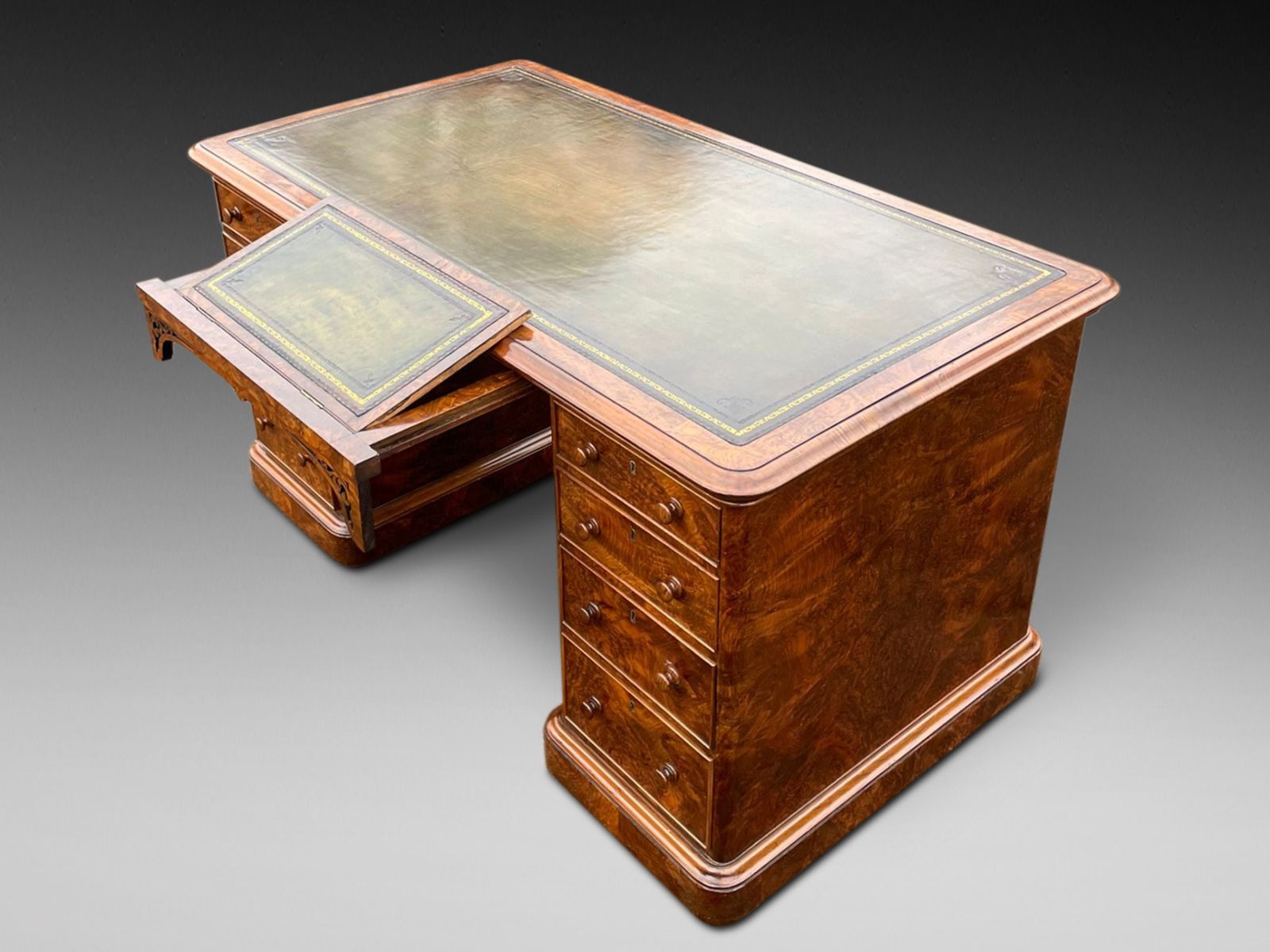 19th Century Figured Walnut Pedestal Desk