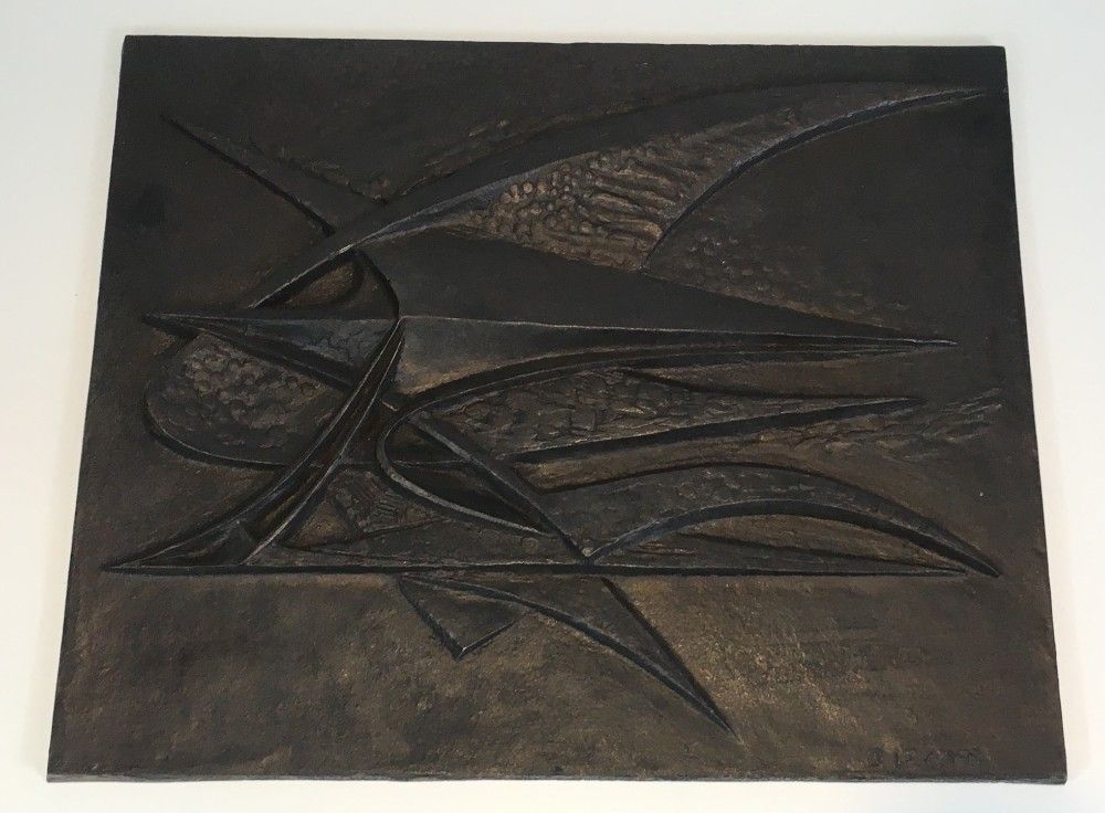 Modernist Cast Iron Fireback. Signed G Lecoff?. French. Circa 1950 photo furniture