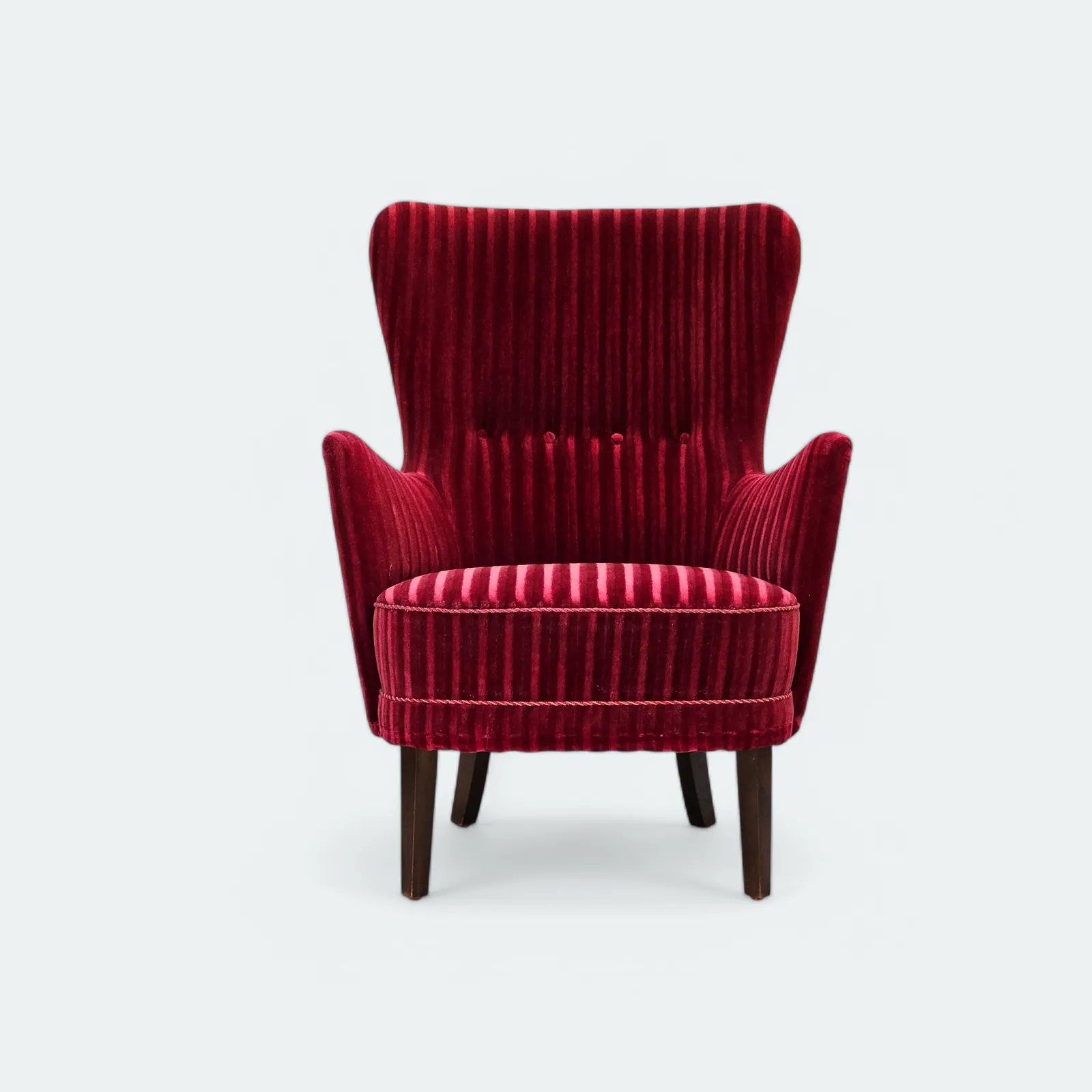 Ca. Jaren 1960, Deense Fauteuil In Kersrood Meubelvelours, Goede Staat.