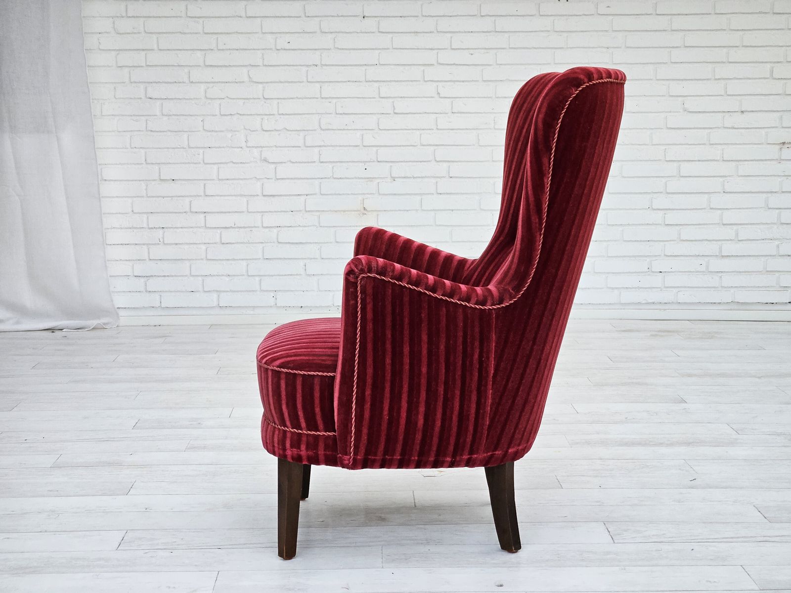 Ca. Jaren 1960, Deense Fauteuil In Kersrood Meubelvelours, Goede Staat. photo 1090.0