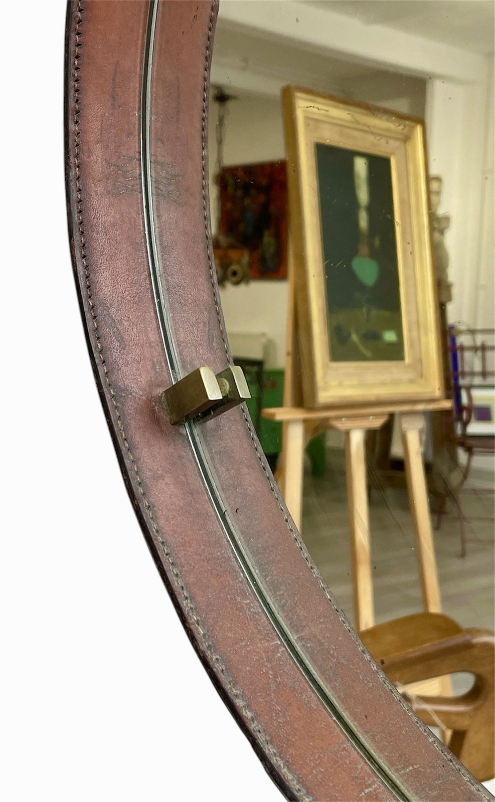 A Pair Of Circular Cognac Coloured Leather 1950s Italian Mirrors photo furniture
