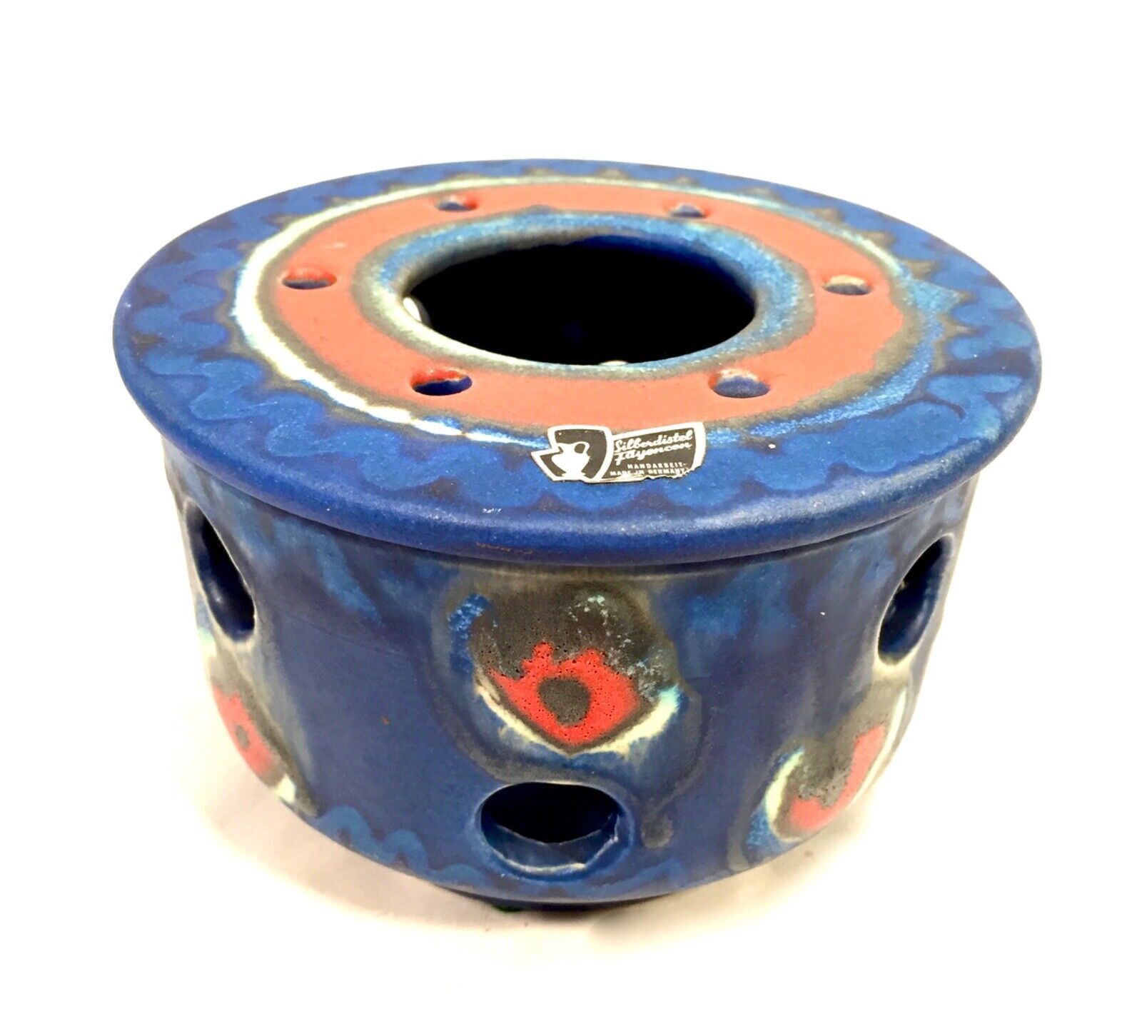 Vintage West German Pottery Potpourri Vase / Holder / Retro 1970s Blur & Red photo furniture