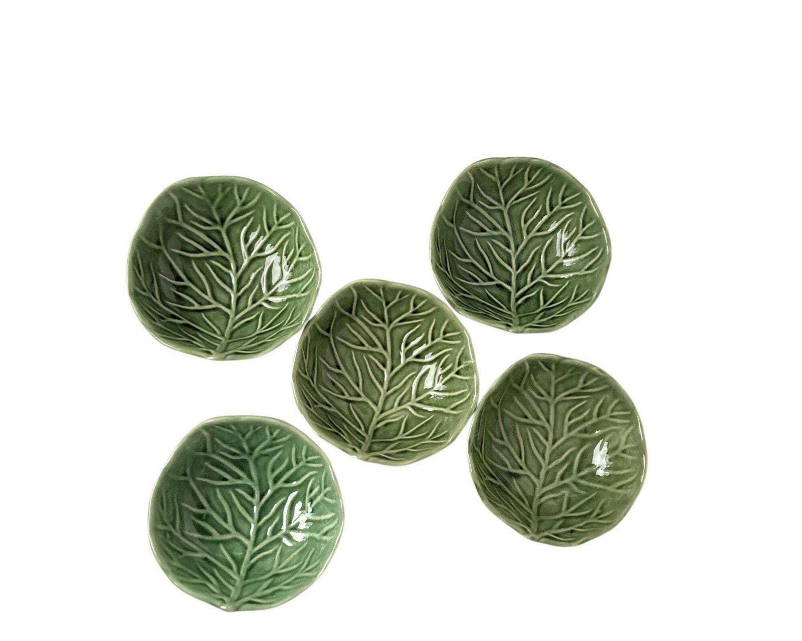 Majolica Groen Geglazuurde Borden | Vintage Aardewerken Koolbladborden | 9 Stuks photo vinterior