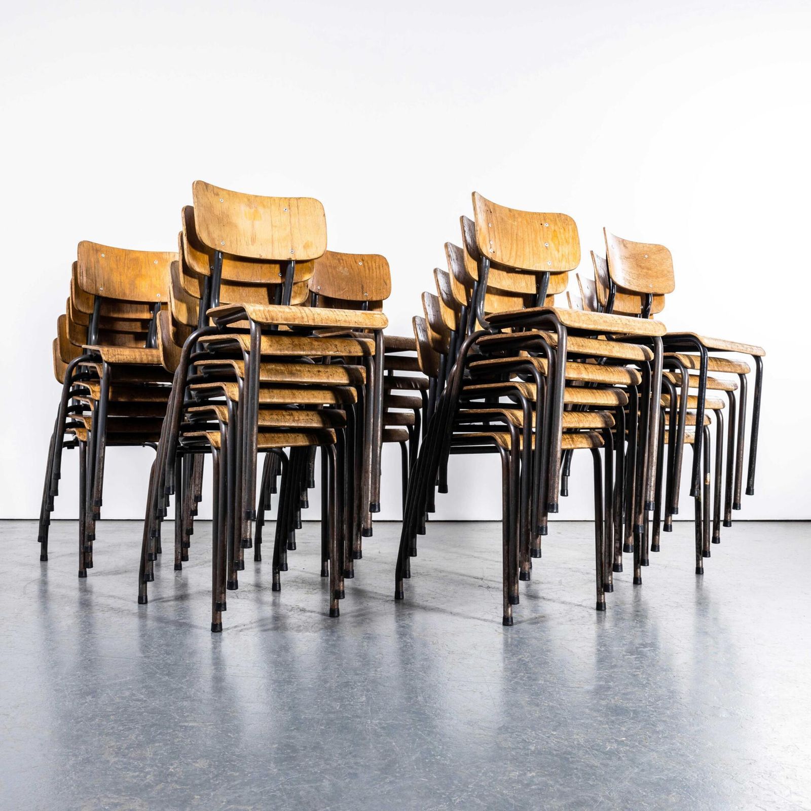 1960’s Original Battle Grey French Stacking University Dining Chairs – Good Quantity
