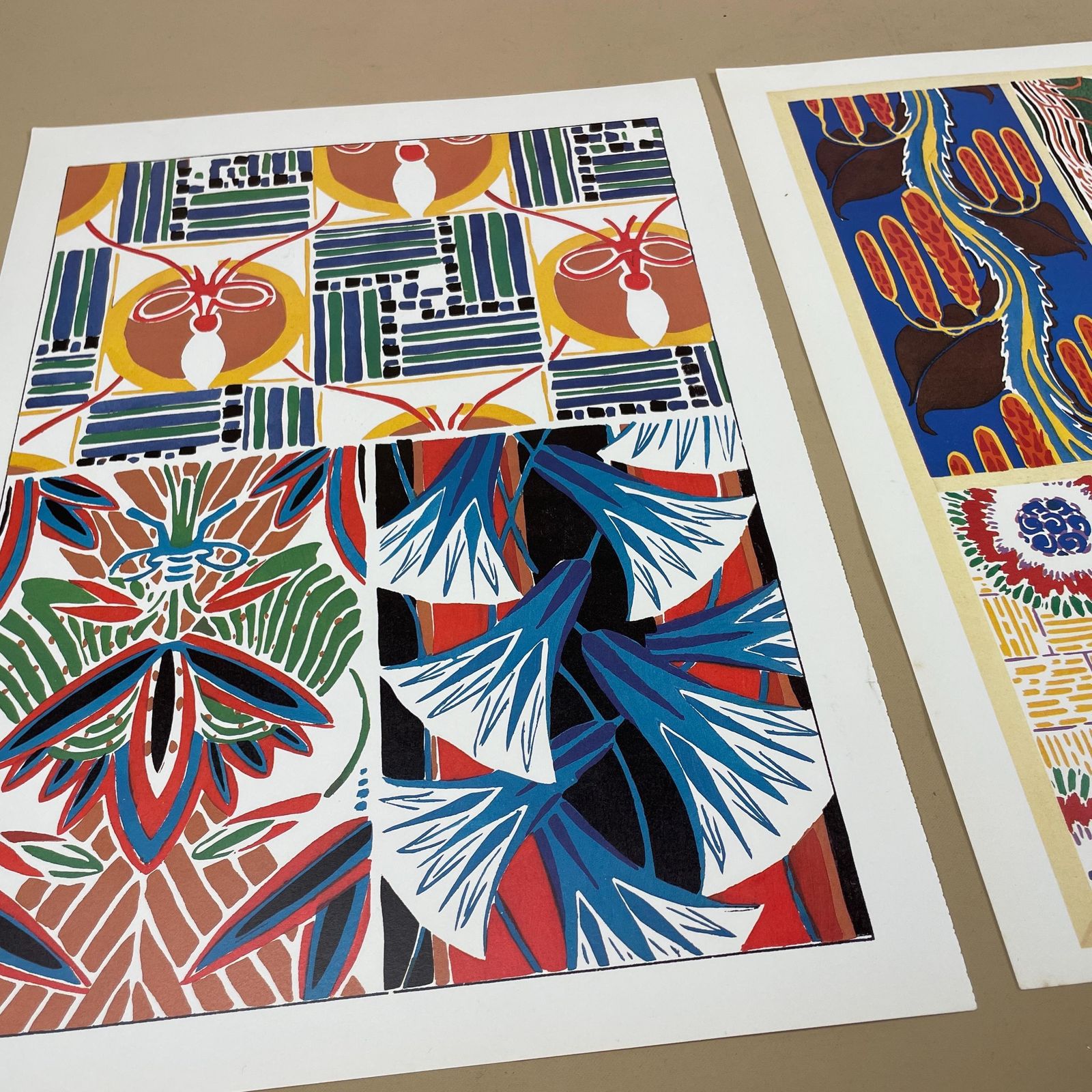 Trio Of Unframed Abstract Floral Designs Picture Book Prints 80's Textile Wall Art Decor Bright Colourful Red Yellow Blue Orange photo buy