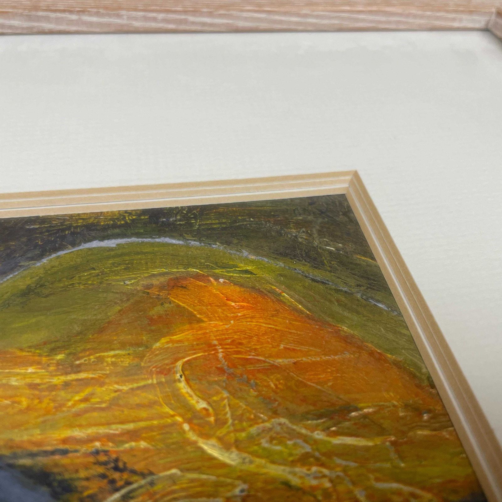 Joanna Day Artwork Original Art Acrylic Hand Painted Abstract Wooden Frame Warm Green Blue Yellow Orange 36cm X 34cm Small Focal photo for sale