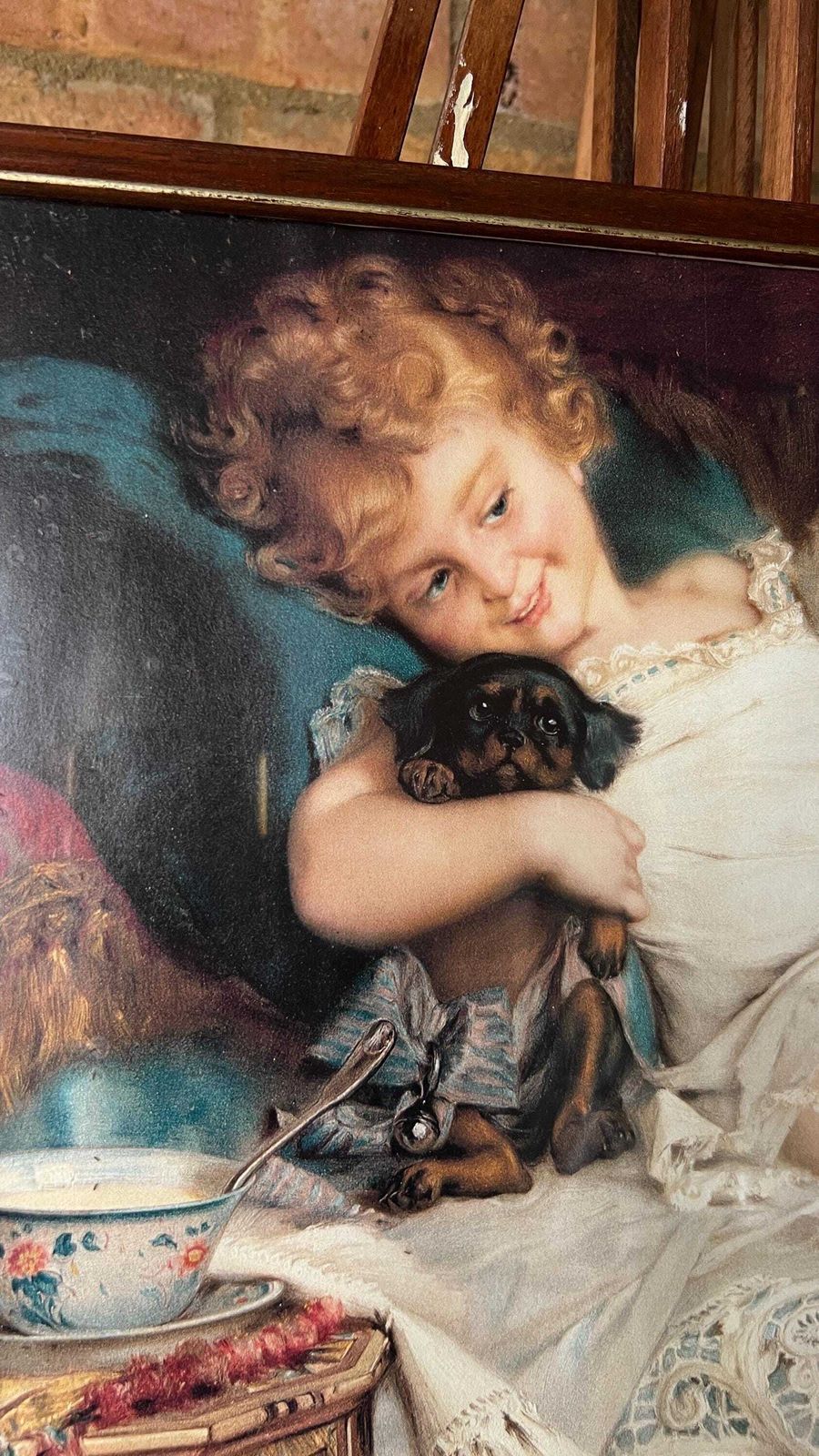 Mid Century Reproduction Print – Child With Kitten And Puppy photo furniture