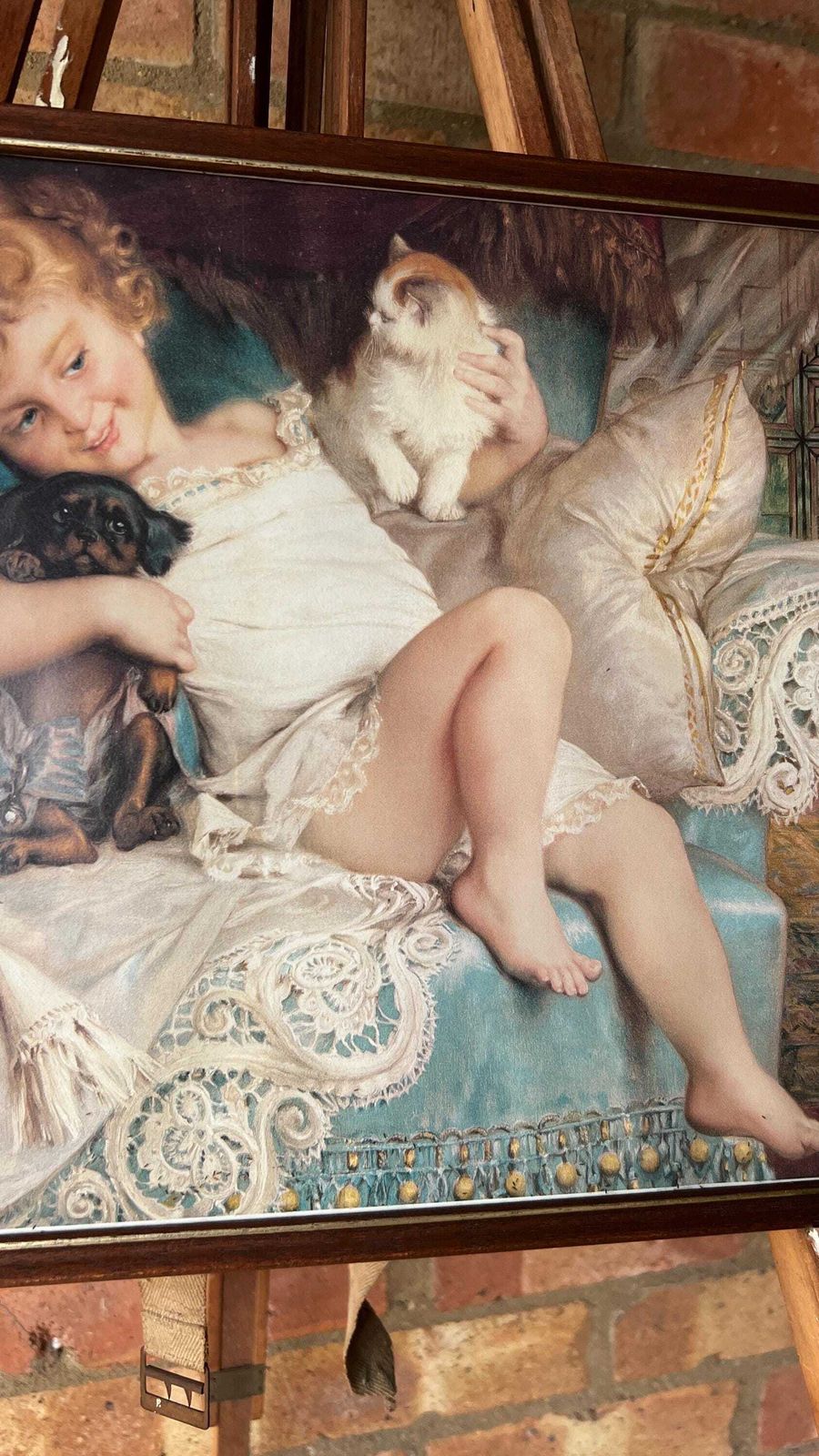 Mid Century Reproduction Print – Child With Kitten And Puppy photo buy