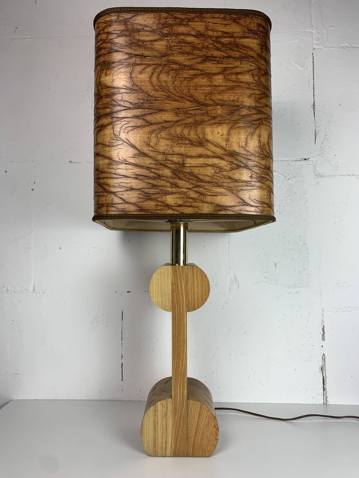 Midcentury Italian Sculptural Large Table Lamp With Wood Veneer Shade photo buy