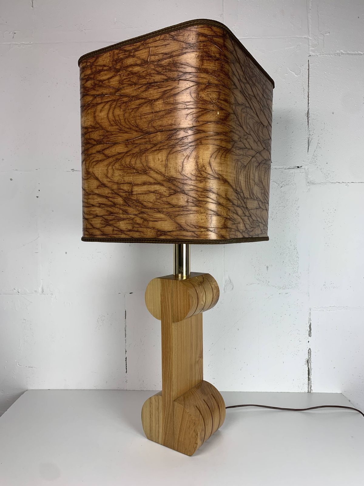Lighting Midcentury Italian Sculptural Large Table Lamp With Wood Veneer Shade photo