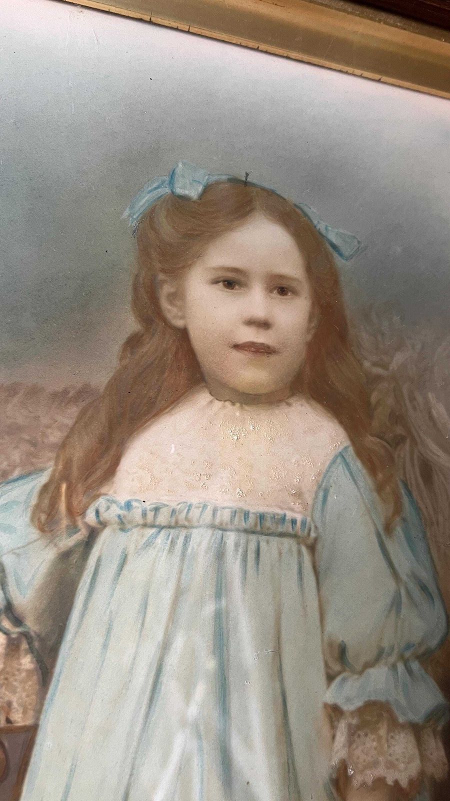 Early 1900s Large Framed Canvas Portrait – Young Girl In Blue Dress photo for sale