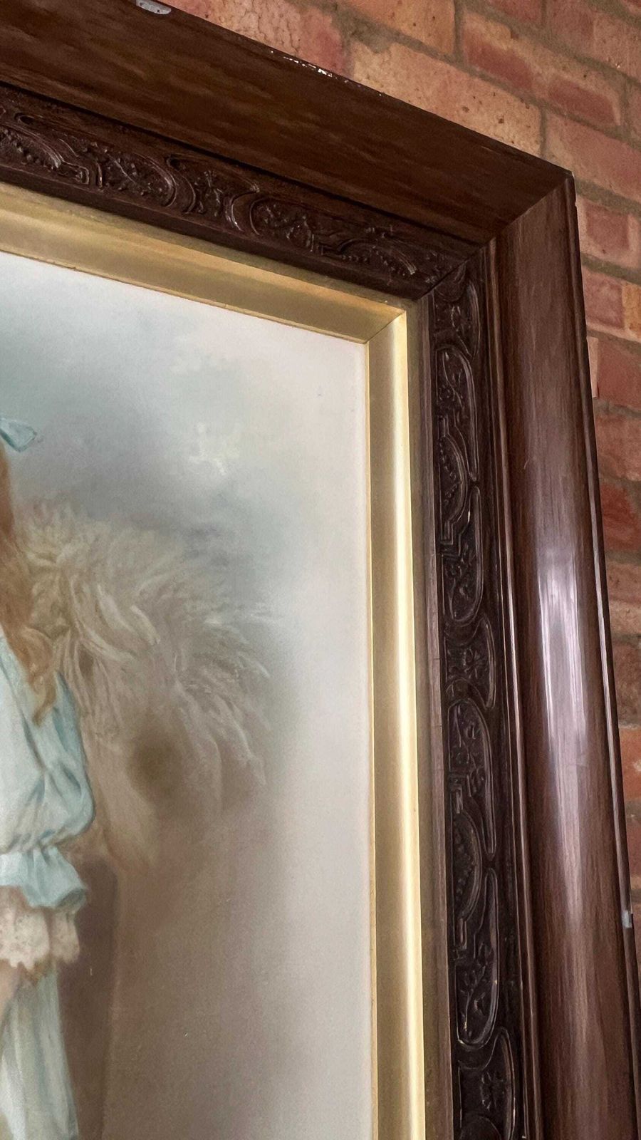 Early 1900s Large Framed Canvas Portrait – Young Girl In Blue Dress photo vinterior