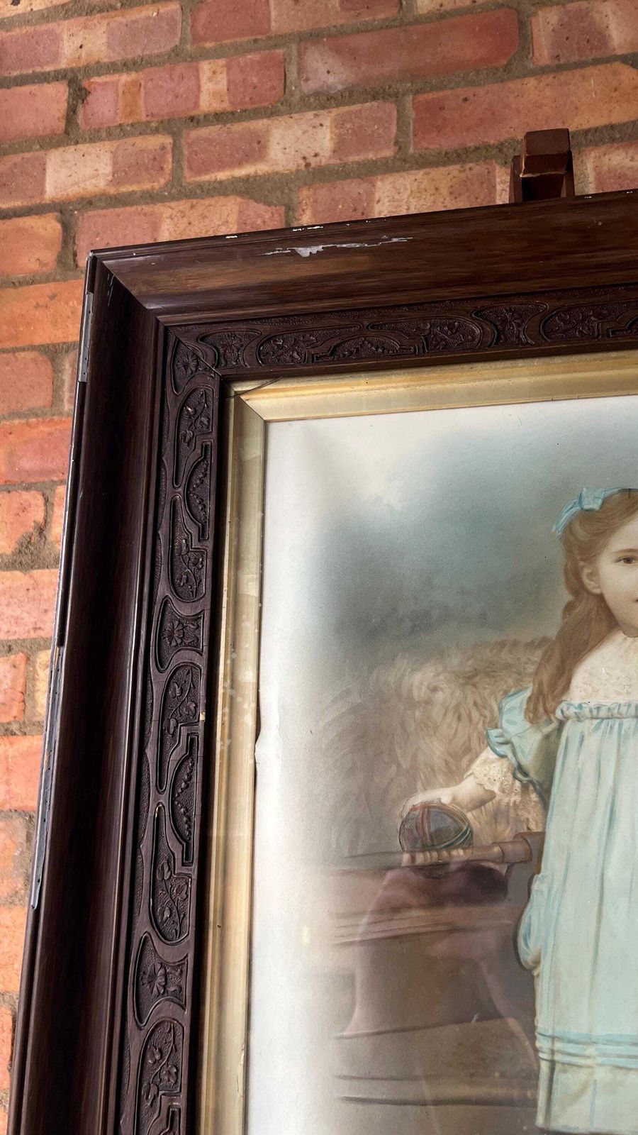 Early 1900s Large Framed Canvas Portrait – Young Girl In Blue Dress photo vintage