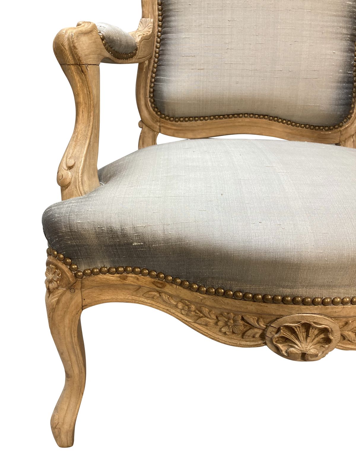 A Bleached Fruitwood Louis XV Armchair Upholstered In Silk photo vinterior