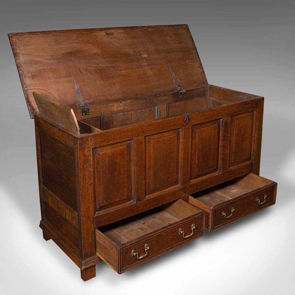 Antique 4 Panel Coffer, English, Oak, Linen, Mule Chest, Country House, Georgian photo furniture