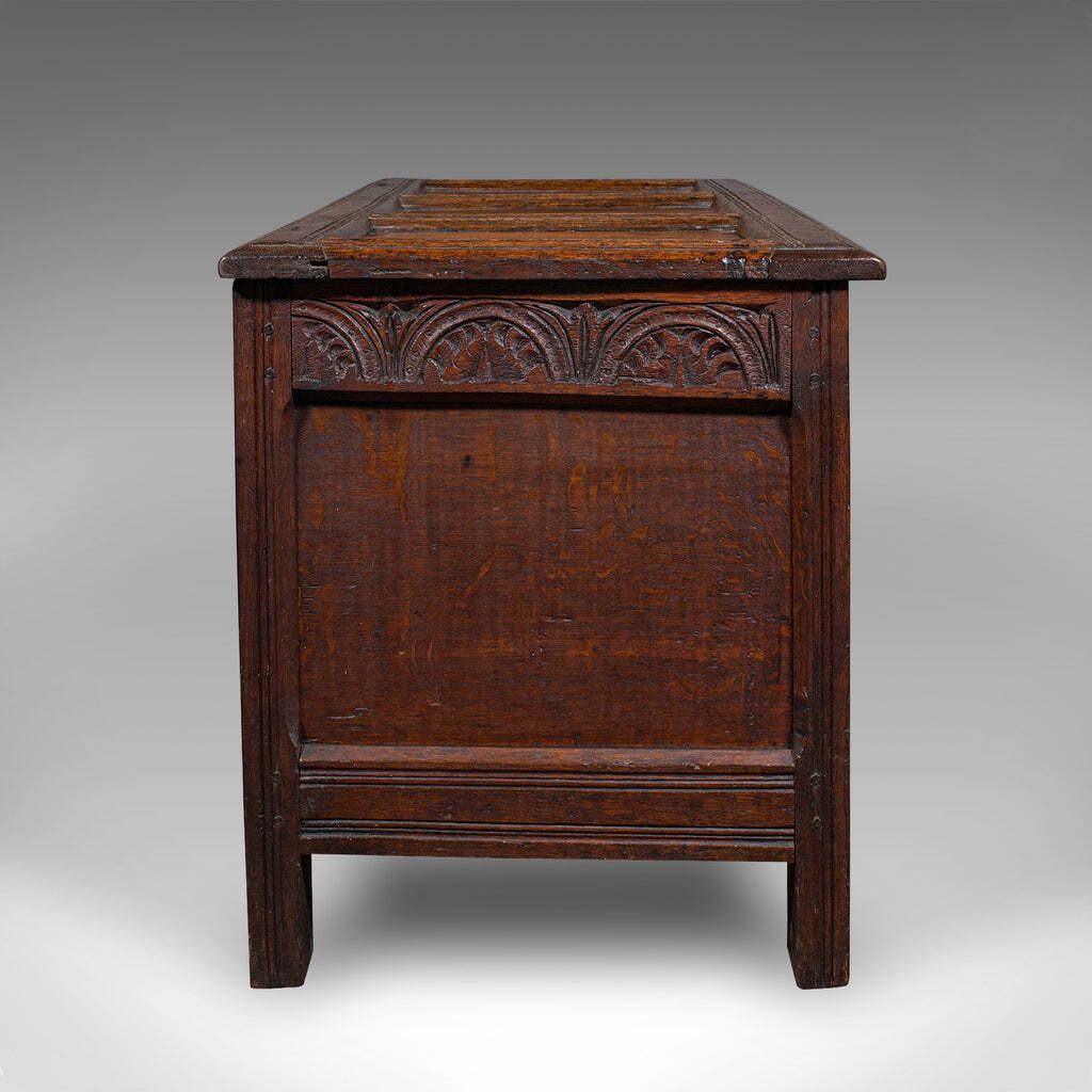 Antique Carved Coffer, English, Oak, Linen Chest, Window Seat, William III, 1700 photo Furniture