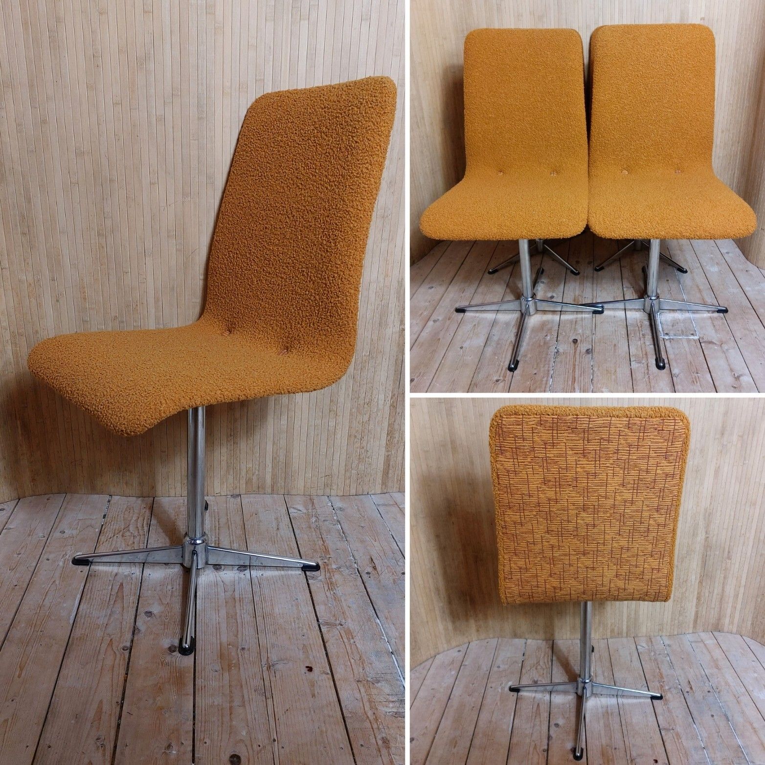 Fab Set Of 4 Vintage 1970s Swivel Chrome Dining Chairs Light Orange Micro Boucle