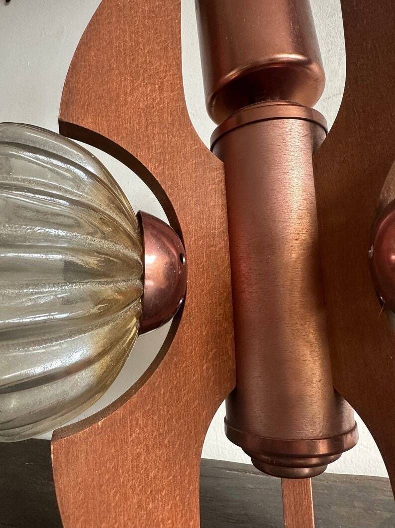 Sputnik Mid Century Teak Pendant Lamp With Glass Shades, Brass Coloured Fitting. C1960s German. Designer Lighting 3 Bulb photo furniture