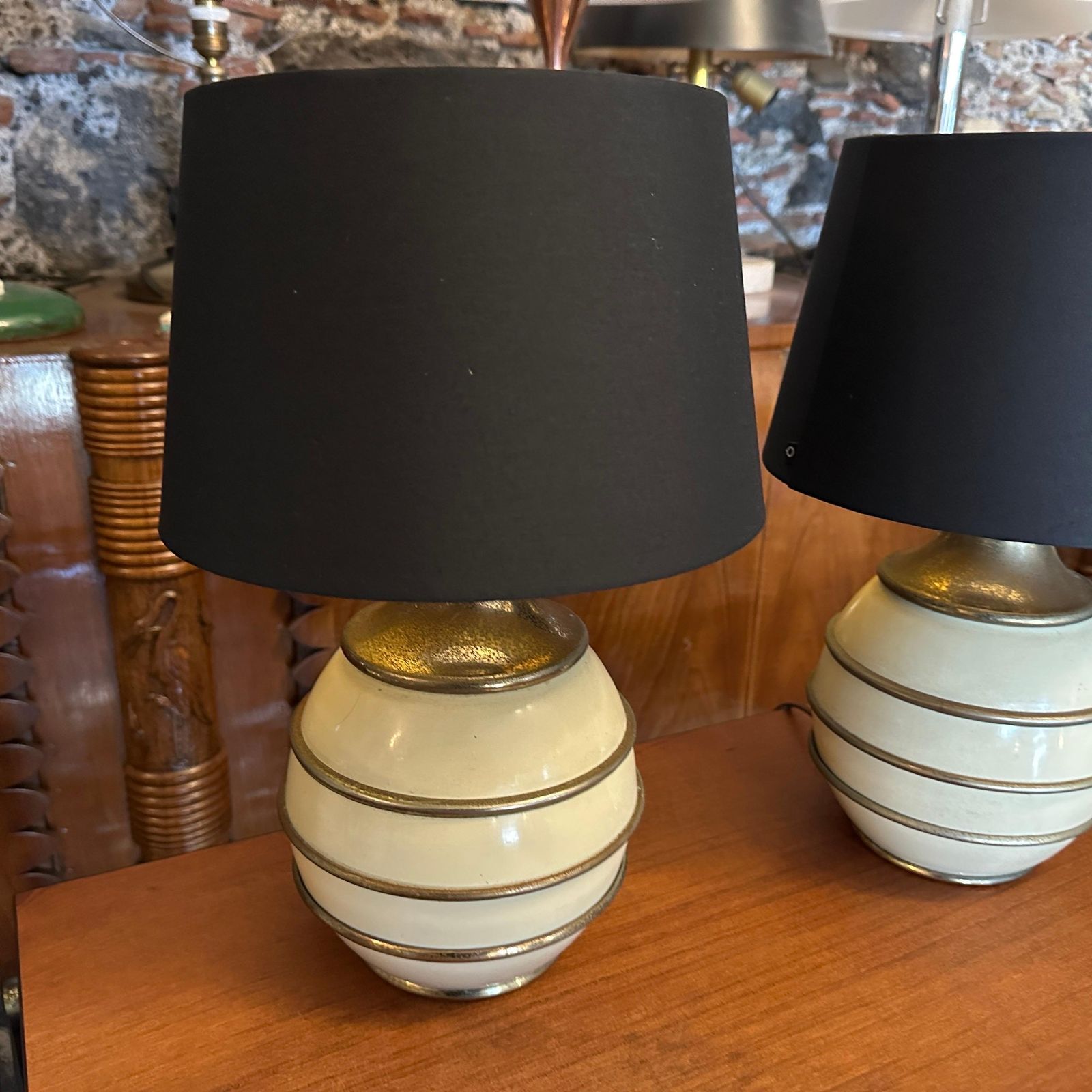 photo for sale Two 1970s Mid Century Modern Brass And Ivory Lacquered Metal Italian Table Lamps