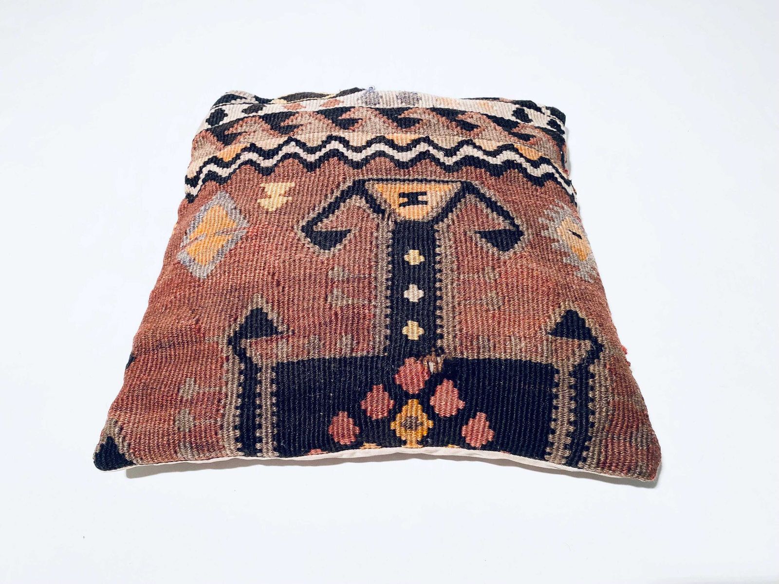 Vintage Kilim Carpet Brown Cushion Cover / 42 X 42 Cm / Handmade Boho Home Decor Turkey photo 70.0