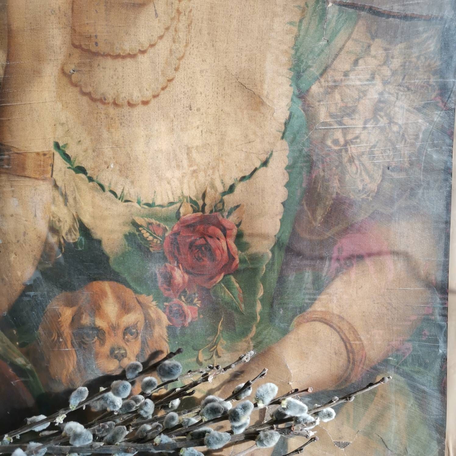 photo furniture Painted Print, Vintage Portrait Of A Pretty Lady With A Dog. Hand Mounted On Canvas. Very Old And Distressed. From A Painting.