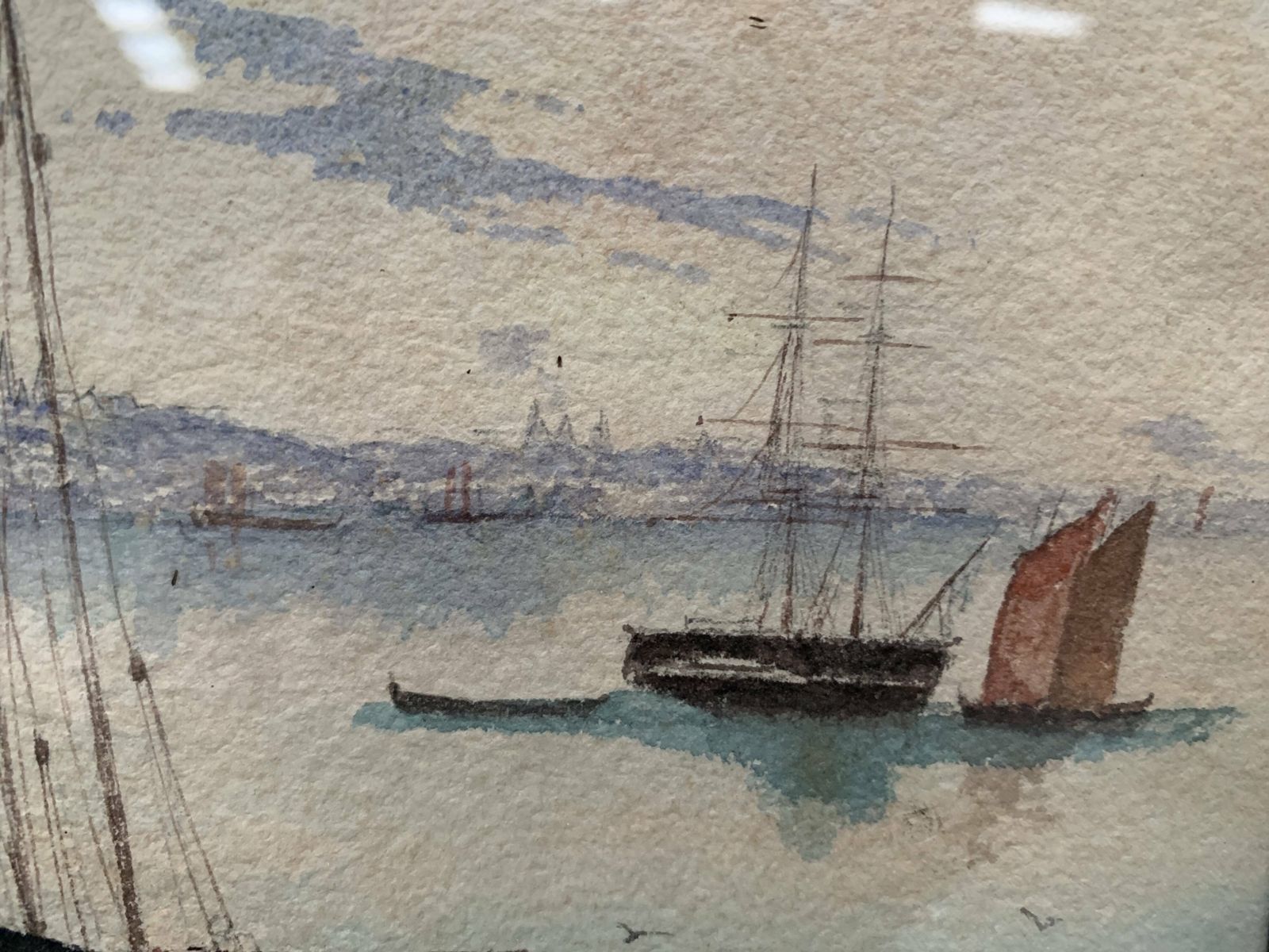 photo furniture Marine Watercolor "Sailboat At Sea And Stranded On The Beach" 20th Century