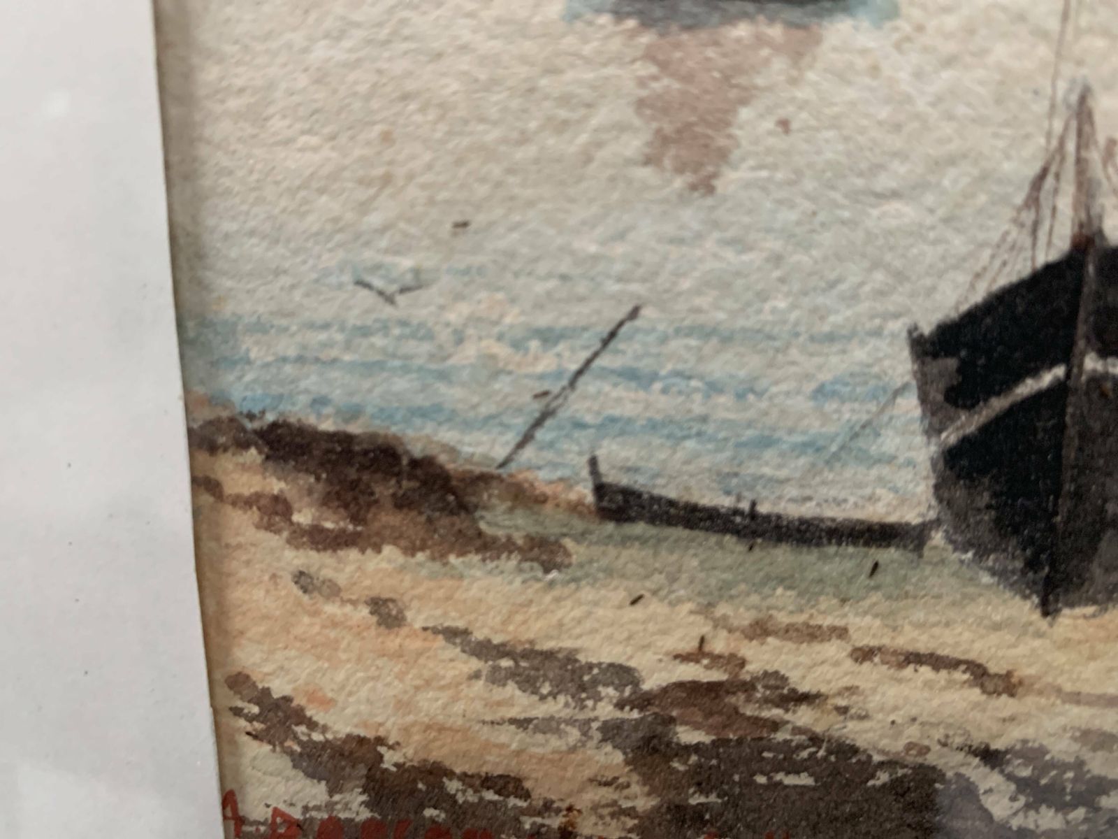 Art Marine Watercolor "Sailboat At Sea And Stranded On The Beach" 20th Century photo