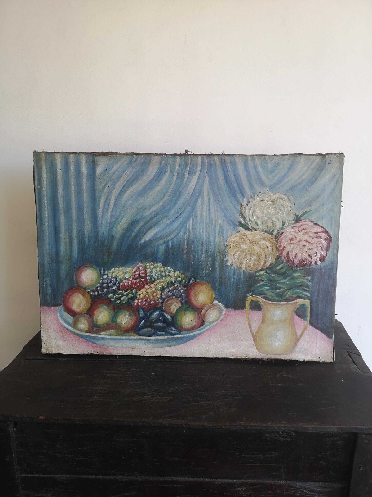 Large Oil Painting A Delightful Piece. Great Arrangement Of Flowers And Fruit Bowl On Canvas Still Life C1950s Hungarian Rustic Decor Muted photo furniture