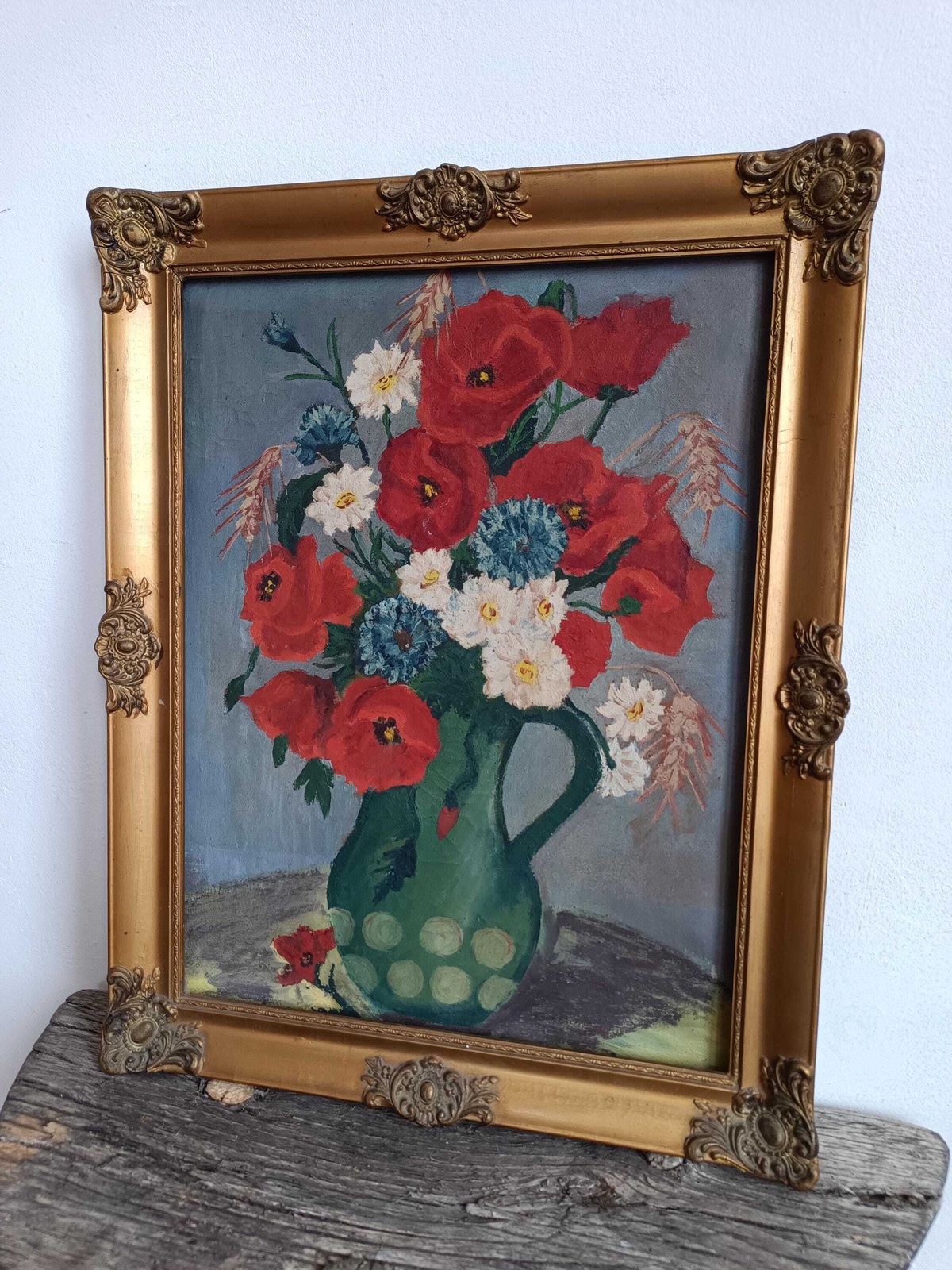 Acrylic Painting A Delightful Piece. Vivid Arrangement Of Colourful Flowers On Canvas C1920s Signed Hungarian With Gold Rocco Frame photo for sale