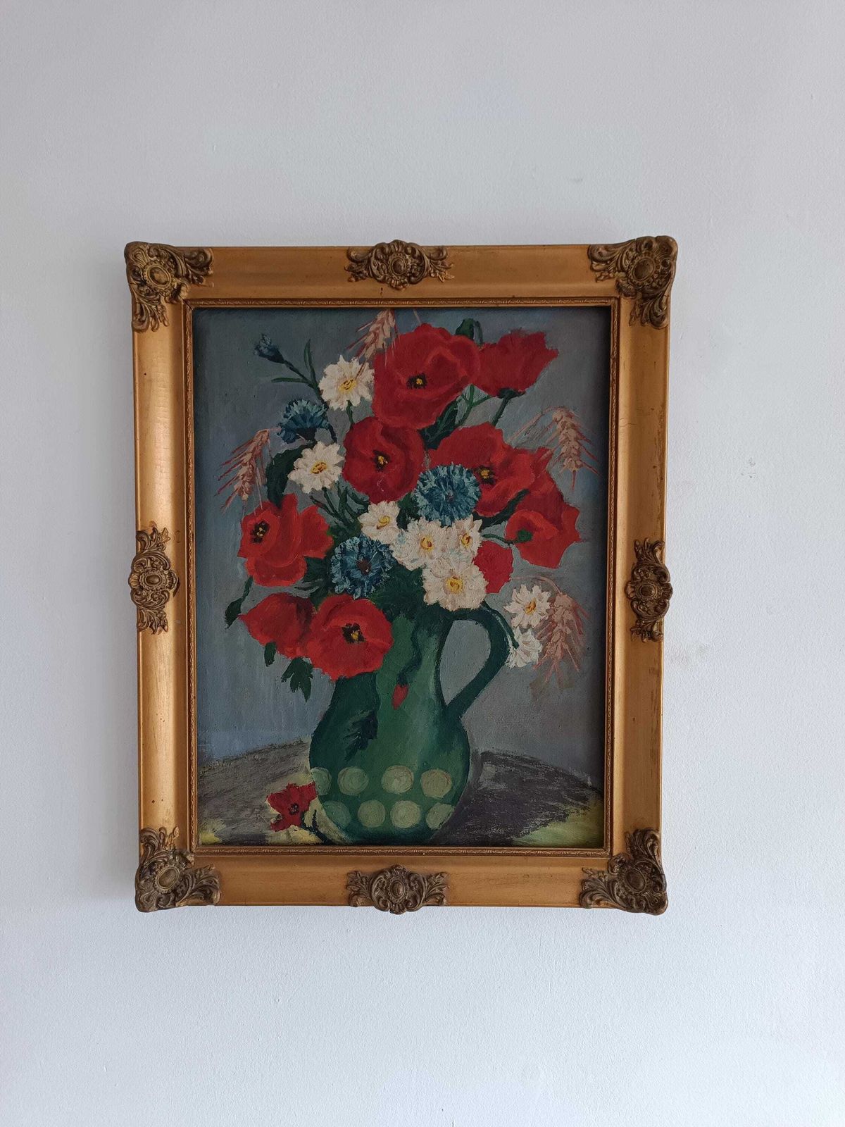 Acrylic Painting A Delightful Piece. Vivid Arrangement Of Colourful Flowers On Canvas C1920s Signed Hungarian With Gold Rocco Frame photo vinterior