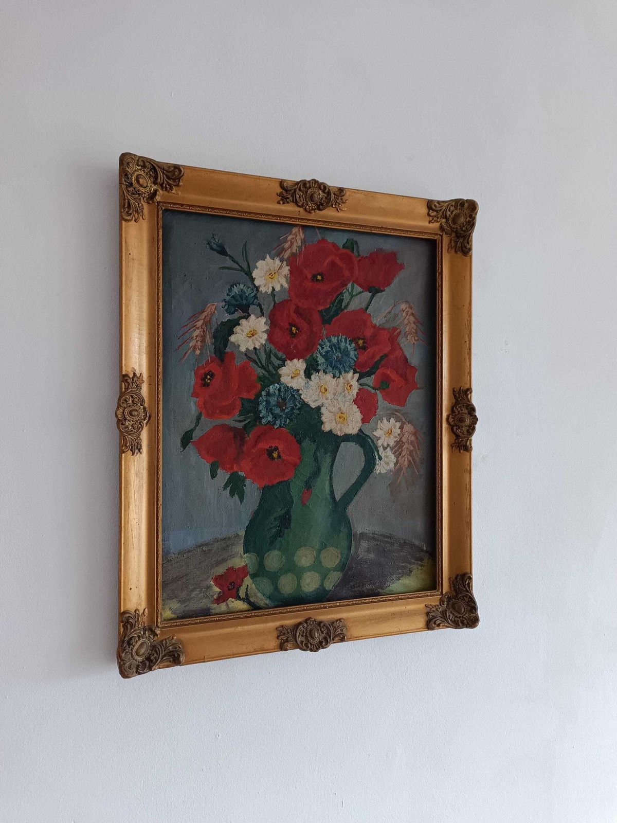 Acrylic Painting A Delightful Piece. Vivid Arrangement Of Colourful Flowers On Canvas C1920s Signed Hungarian With Gold Rocco Frame photo buy