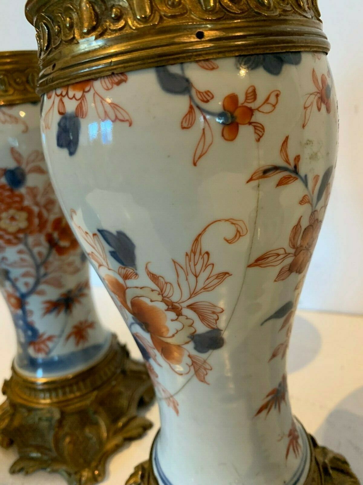 photo for sale Pair Of Chinese Porcelain Lamp, 19th Century Chiseled Bronze Base