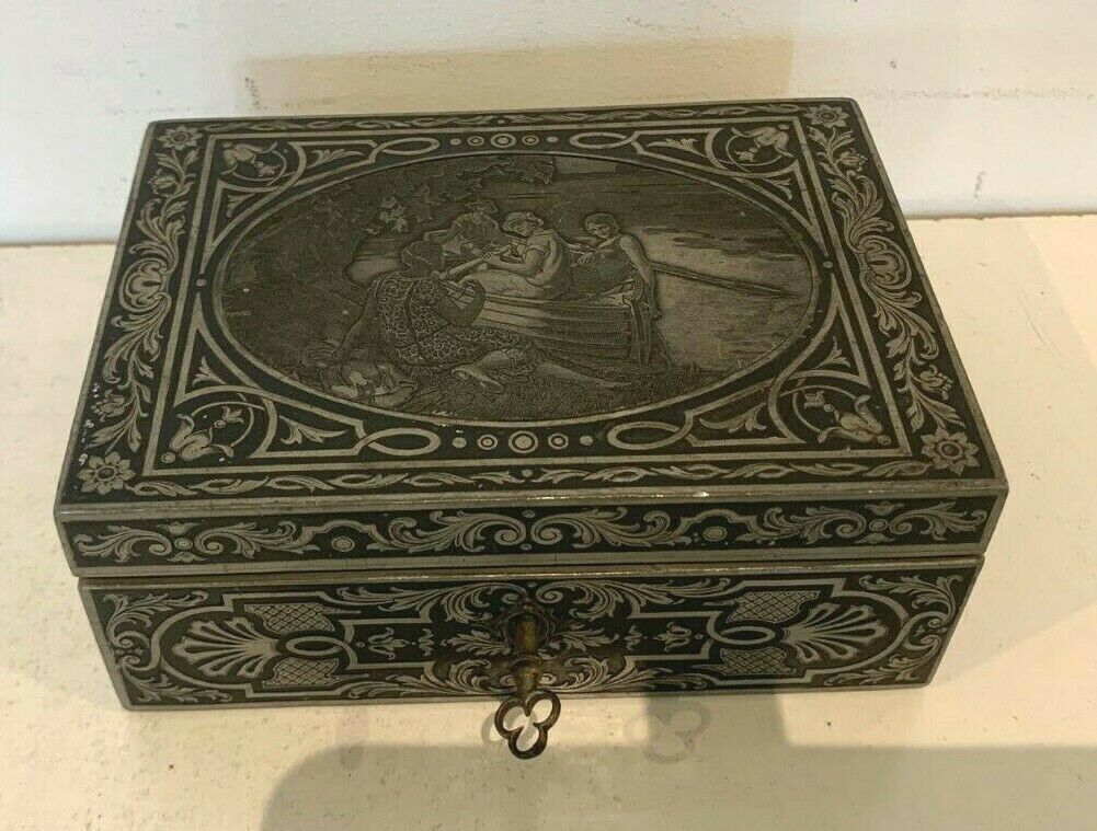 19th Century Engraved Pewter Jewelry Box photo for sale
