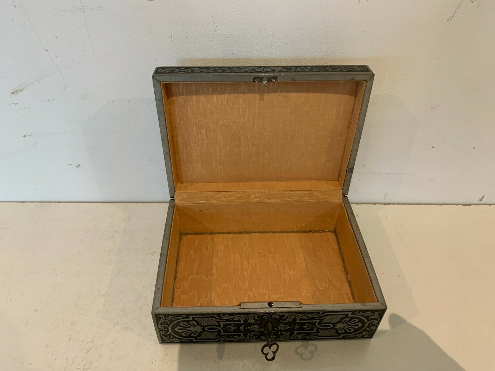 19th Century Engraved Pewter Jewelry Box photo vintage
