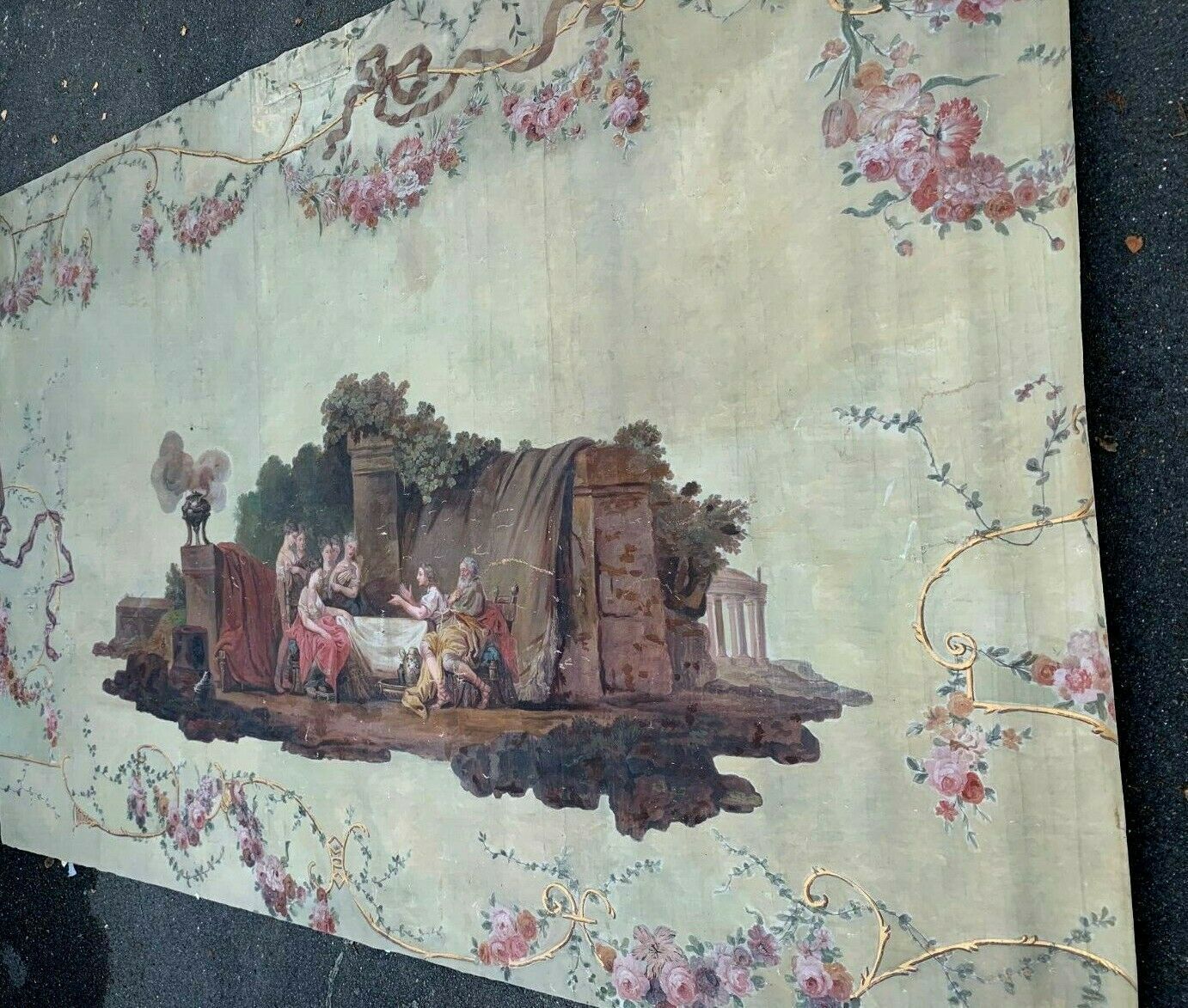 Painting On Scene Canvas At The Antique Decorative Panel XIX Century