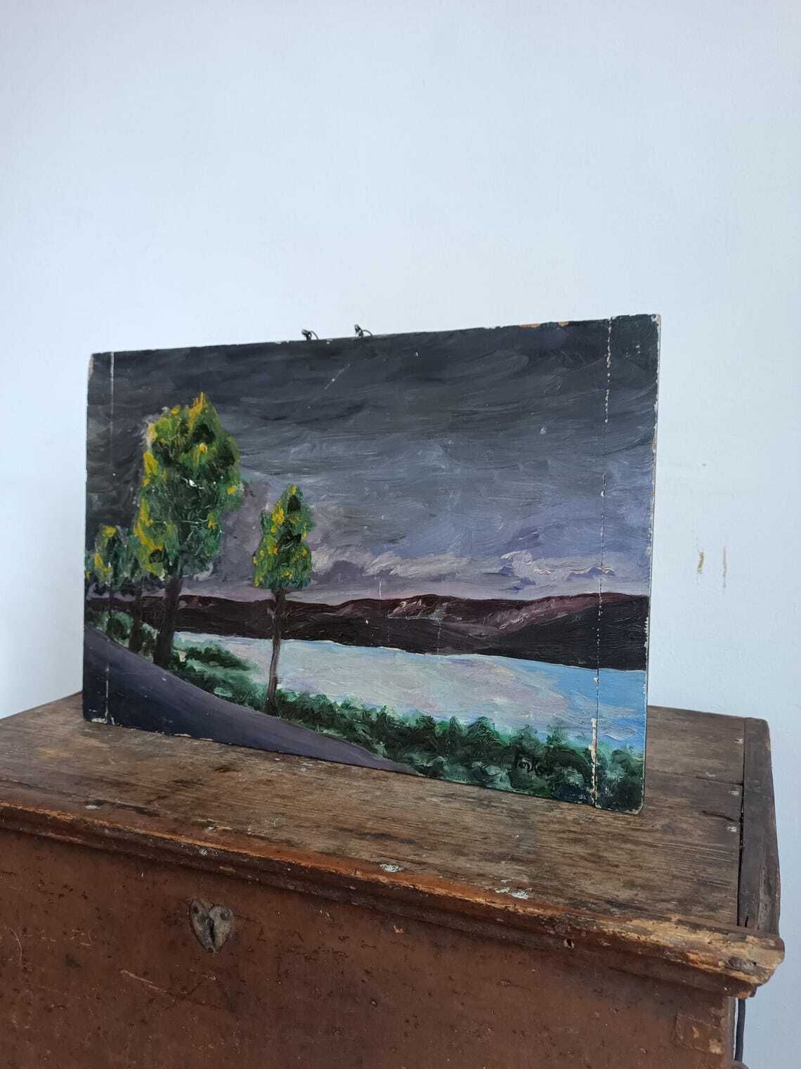 Res Antique Hungarian Forest Painting   Timeless Homestead Art Of Trees At Dusk. Canvas Shabby Talented Artist. Collectible. Atmospheric photo for sale