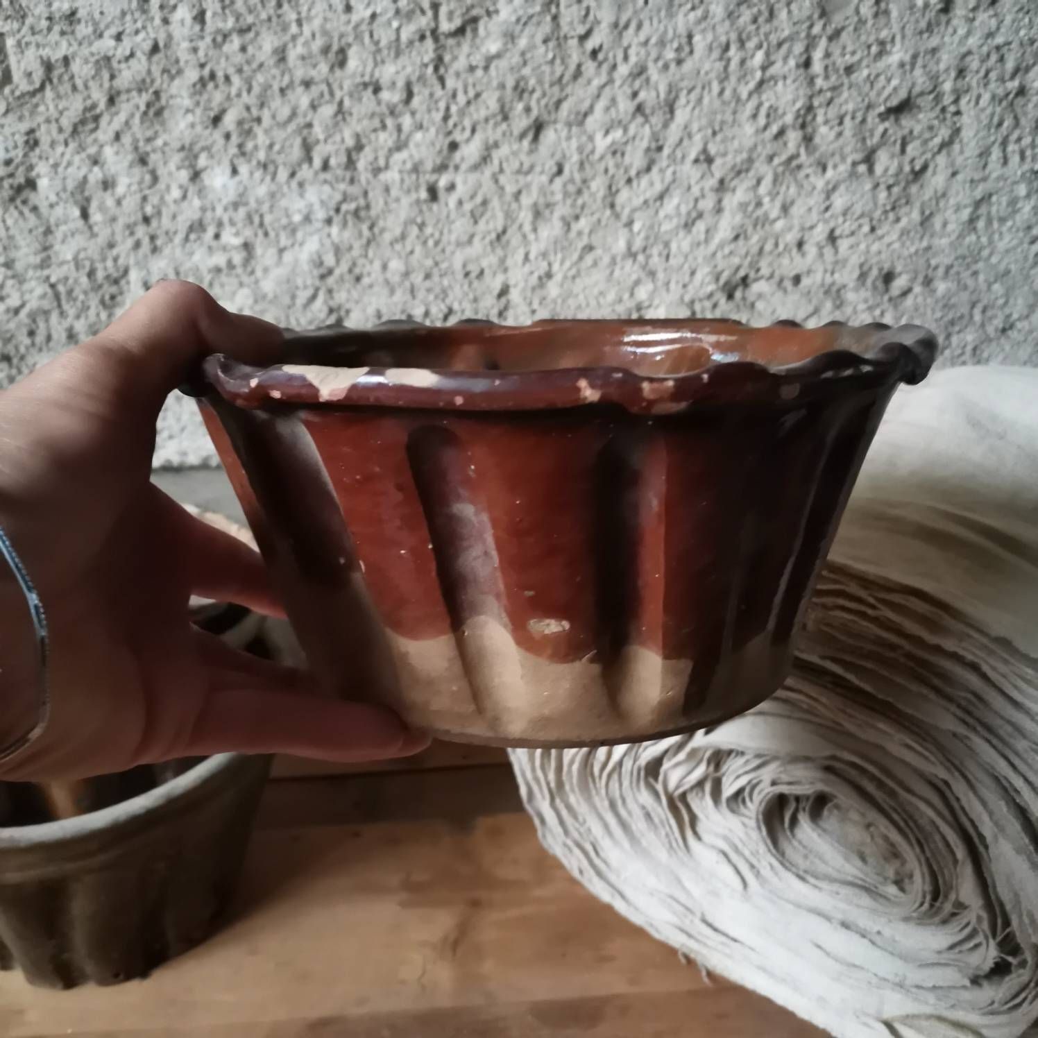 Frilled Edged Hand Made Characterful Terracotta Pudding Cake Mould Baking Vintage Or Farmhouse Kitchen Rustic Glazed Fruit Bowl Clay photo for sale