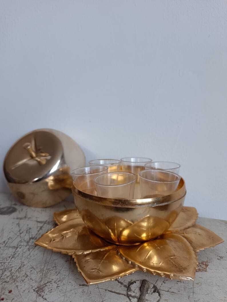 Delightful Aluminum Gold Anodized Vintage Apple Shot Glass Server 1940's Bar Decor, Collectible, Toast Cheer, Celebrate photo vinterior