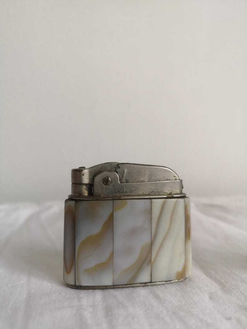 Retro Set Of 2 Oil Lighters C 1960 Mother Of Pearl Casing, Complete And Functional. Beautiful Brass With Quality Fittings A Collectors Item photo 55.0