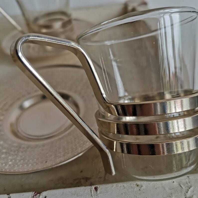 Unique Set Of 6 Glasses With Swirly Steel Base Coffee Tea Cups Russian Made Ussr Chrome Mid Century Vintage Unique Style Gold/Silver photo for sale