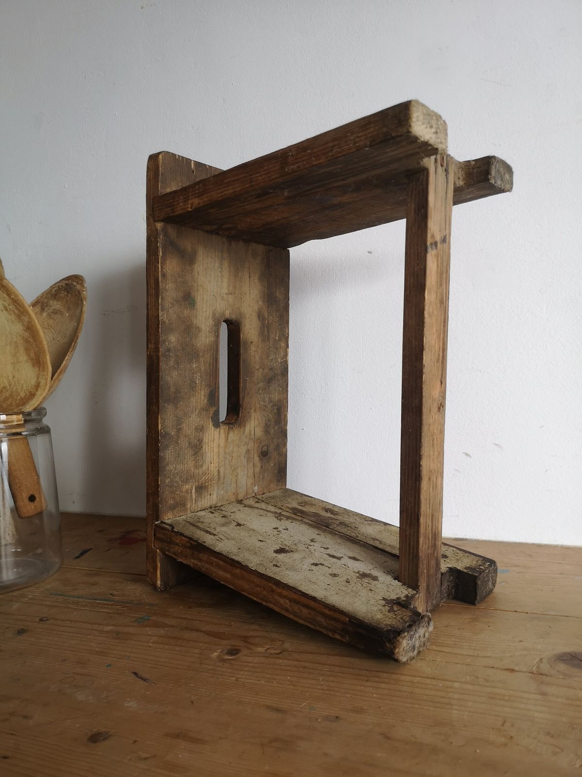 Scratch Built Antique Wooden Vintage Milking Stool Or Small Table, Rustic Farmhouse Seat Step Cute Pot Stand C1940s Natural Wood photo Furniture