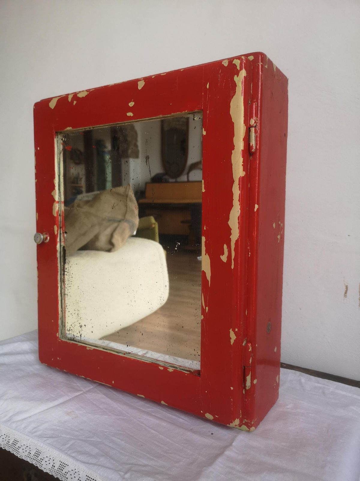 Res Washroom Cabinet Wooden Mirror Chippy White Scratch Built Wood. C1920s Hand Made Bathroom Cupboard.Display Kitchen Drinks Food Wabisabi photo vinterior