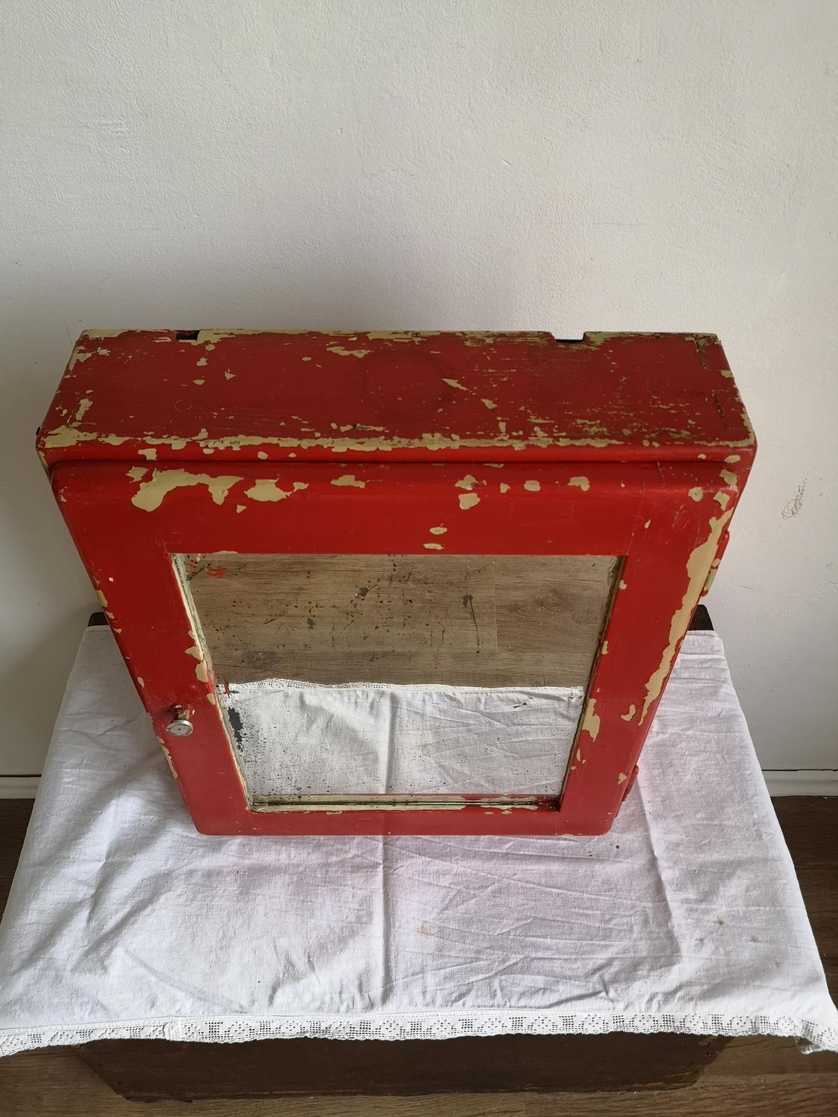 Res Washroom Cabinet Wooden Mirror Chippy White Scratch Built Wood. C1920s Hand Made Bathroom Cupboard.Display Kitchen Drinks Food Wabisabi photo buy