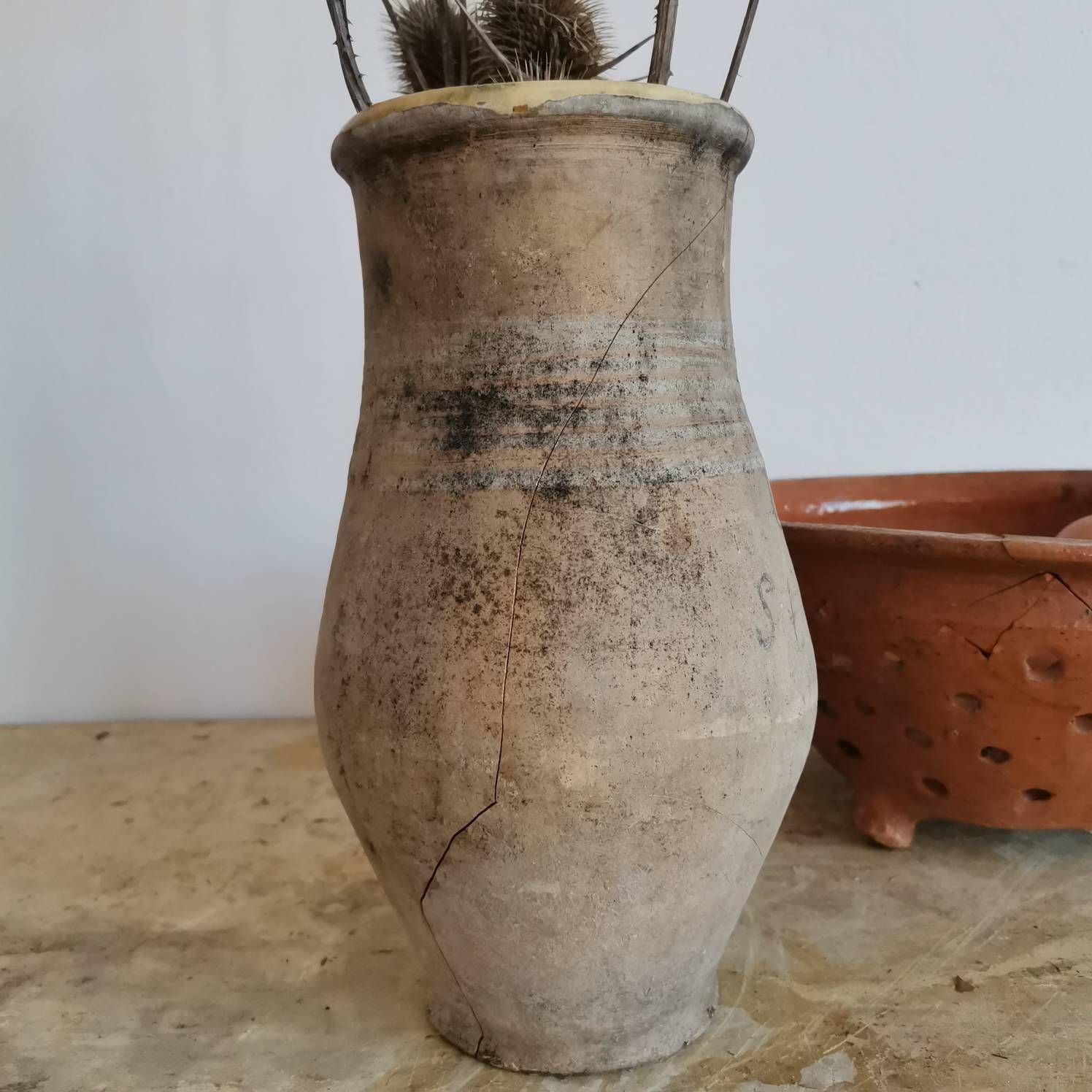 Set Of 2 Broken Terracotta Earthenware Hungarian Vintage Clay Handmade Pottery Jug And Colander Water Wine Flowers 30 40's Pot Bowl photo furniture