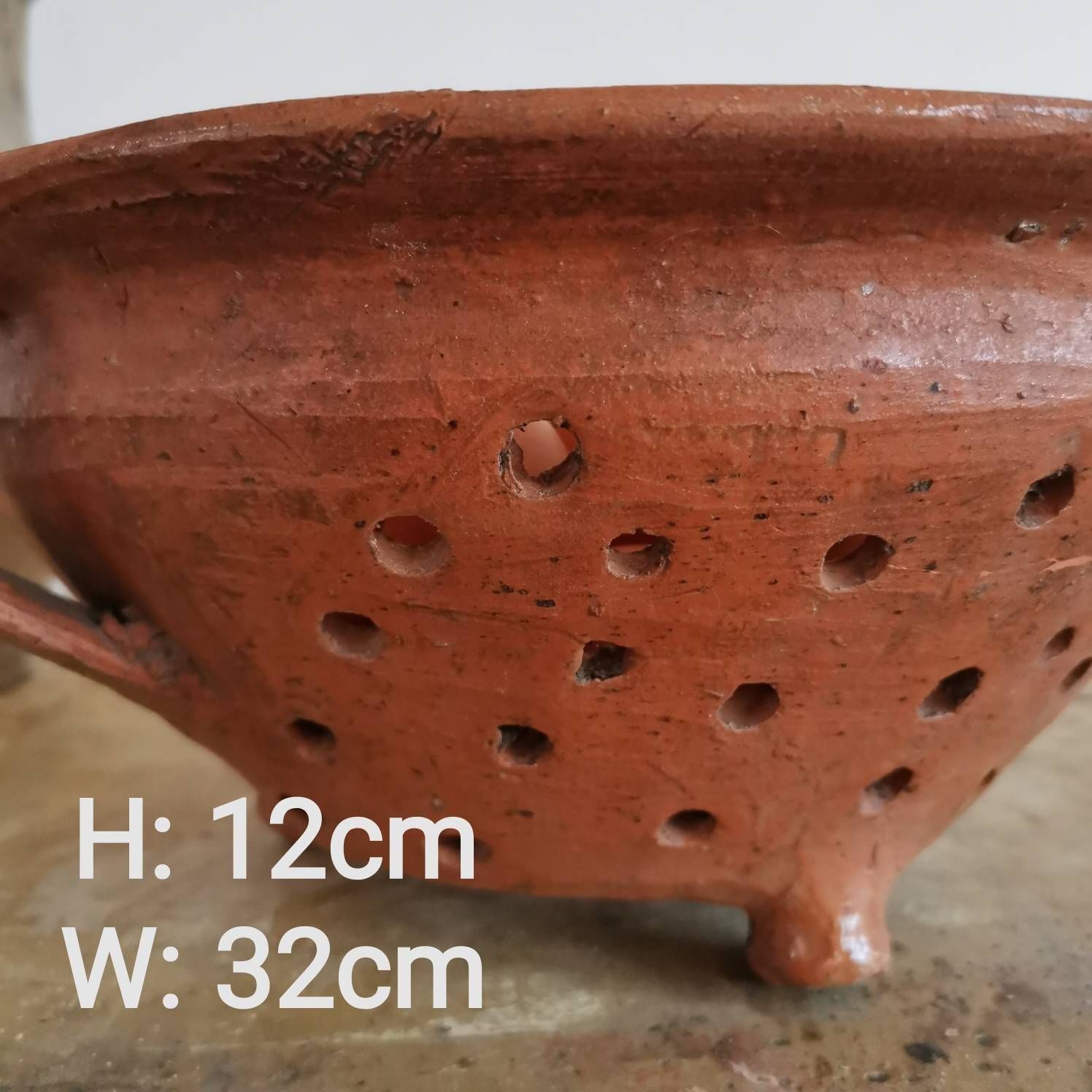 Set Of 2 Broken Terracotta Earthenware Hungarian Vintage Clay Handmade Pottery Jug And Colander Water Wine Flowers 30 40's Pot Bowl photo for sale