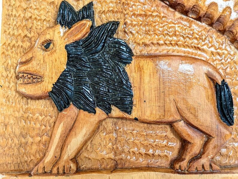Carved Wood Plaque Lion & Palm Tree | Vintage African Folk Art | 1970's photo vinterior